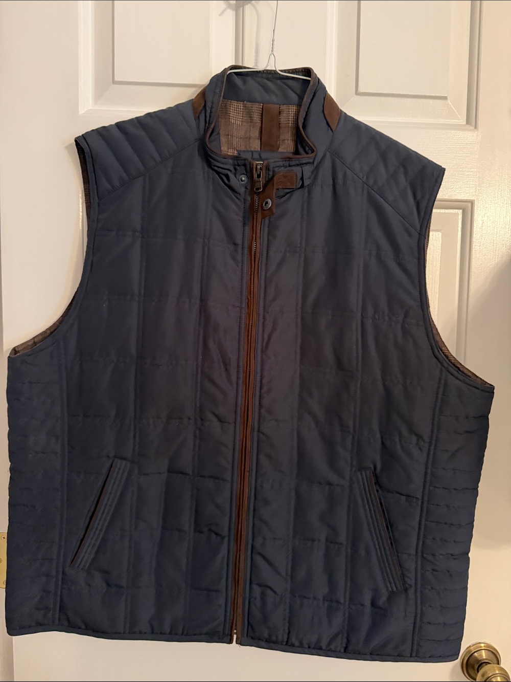 Jos. A. Bank Quilted Navy Blue Vest with Brown Trim